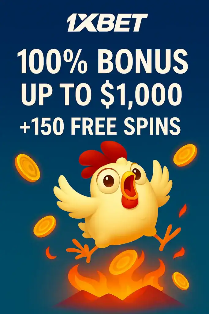 Pollo de dibujos animados saltando en llamas en la promoción de tragamonedas 1xBet