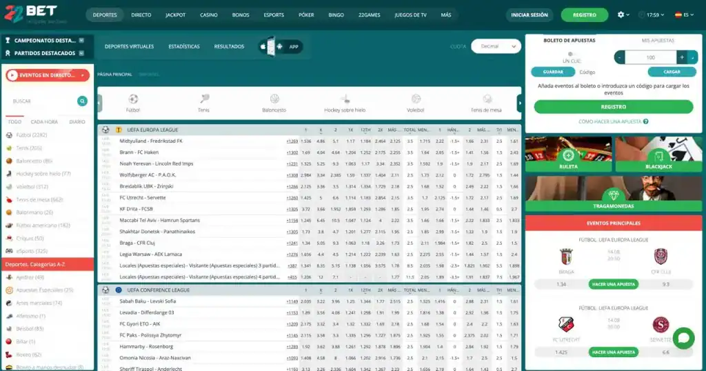 Opciones de depósito en el sitio web de 22Bet