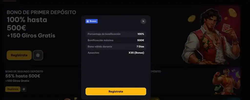 Formulario de registro en Spin Macho Casino con bono de bienvenida hasta 1500 € y 250 giros gratis