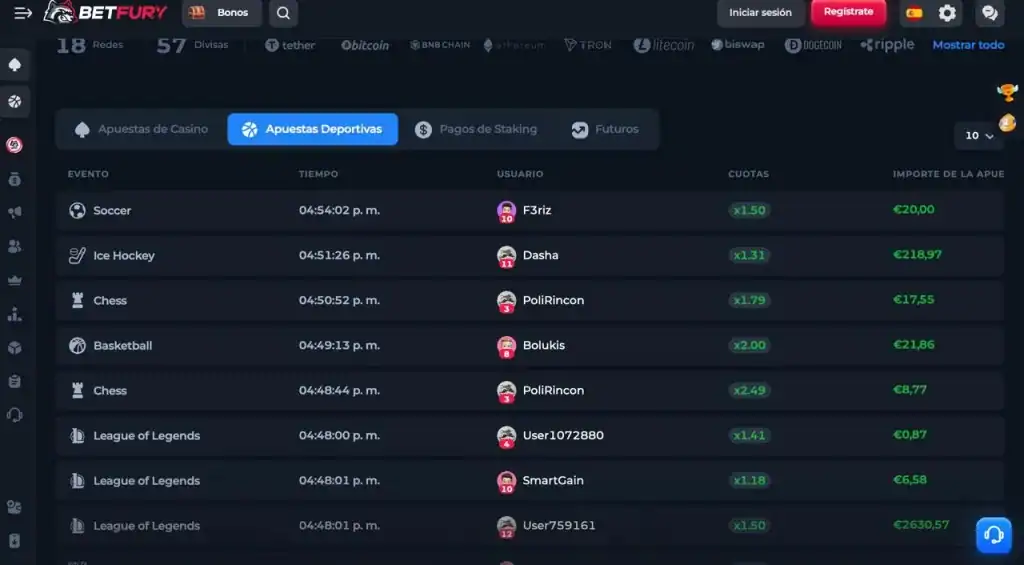 Sección de torneos y eventos en BetFury