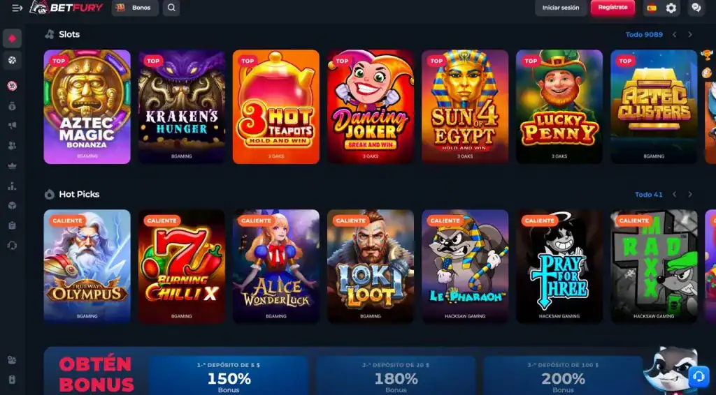 Interfaz de usuario en BetFury casino