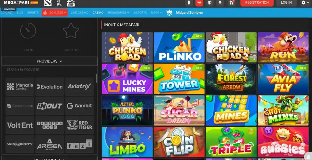 Interfaz de la aplicación móvil Megapari que muestra juegos de casino en vivo