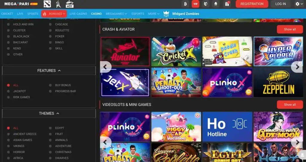 Página de inicio del casino Megapari con juegos y banners de bonificación