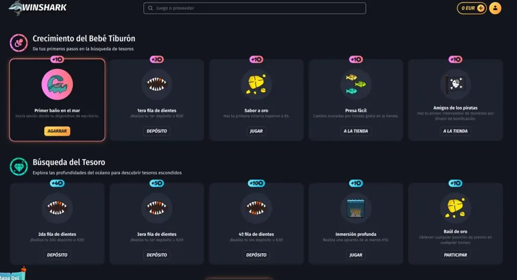 Pantalla de logros en WinShark casino mostrando misiones y progresos del jugador