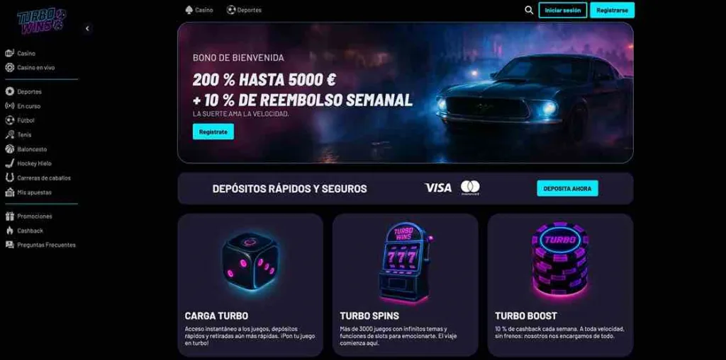 Página principal de Turbo Wins con promociones y depósitos rápidos