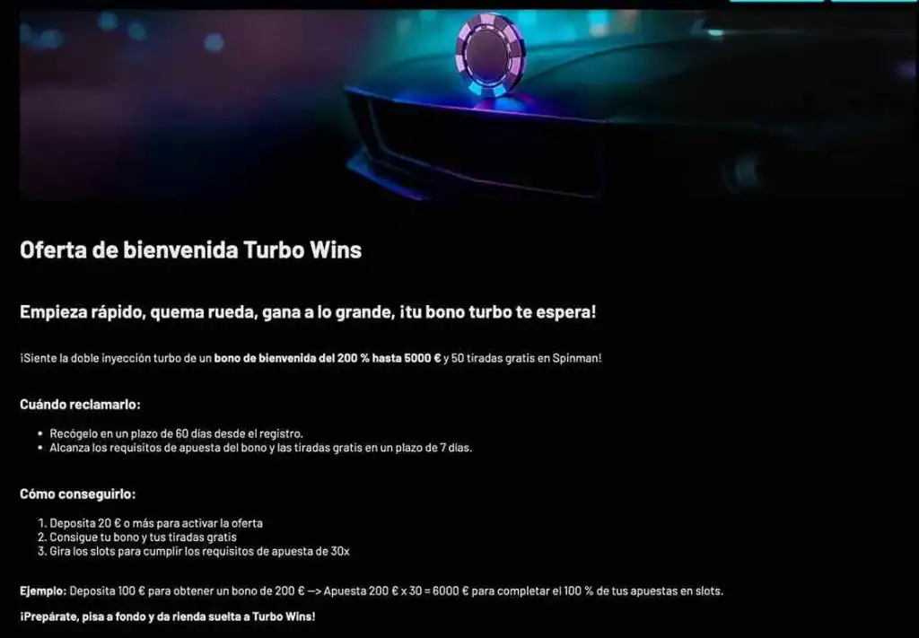 Bono de bienvenida de Turbo Wins Casino hasta 5000 euros más cashback