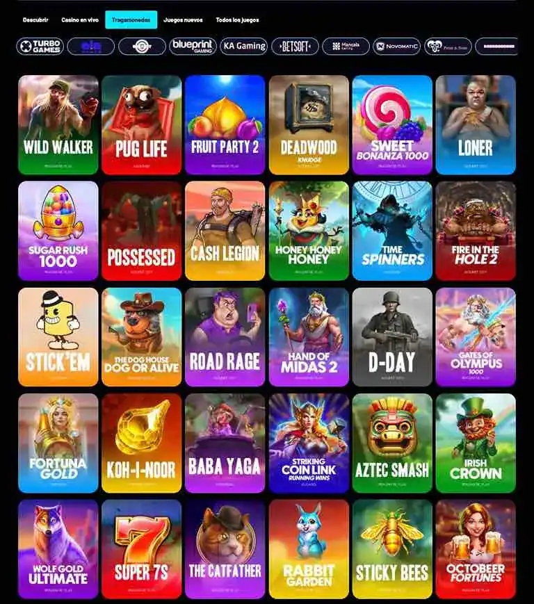 Interfaz de juegos en línea de Turbo Wins Casino con tragamonedas populares