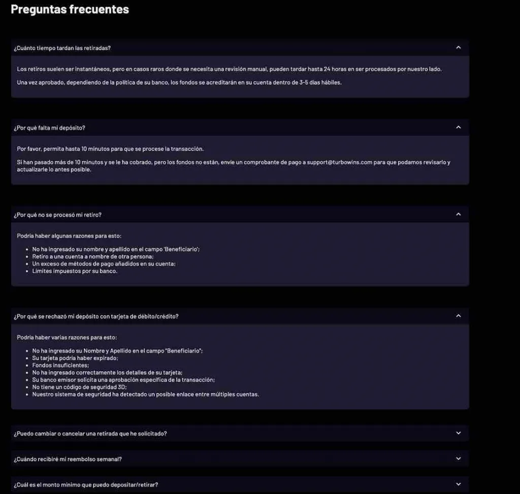 Sección de preguntas frecuentes en Turbo Wins Casino con soporte al jugador