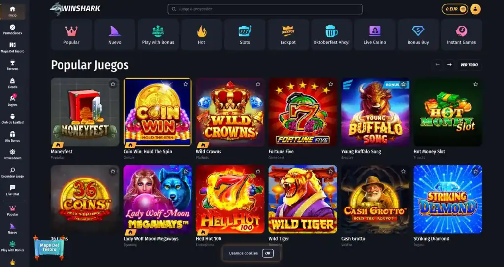 Captura de pantalla del lobby de tragamonedas en WinShark casino con juegos populares
