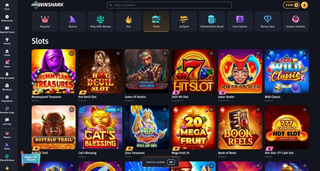 Catálogo de tragamonedas en WinShark casino con títulos destacados