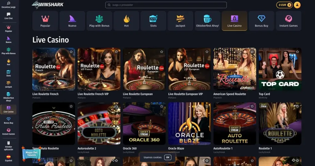 Sección de casino en vivo en WinShark con ruleta y crupieres en directo