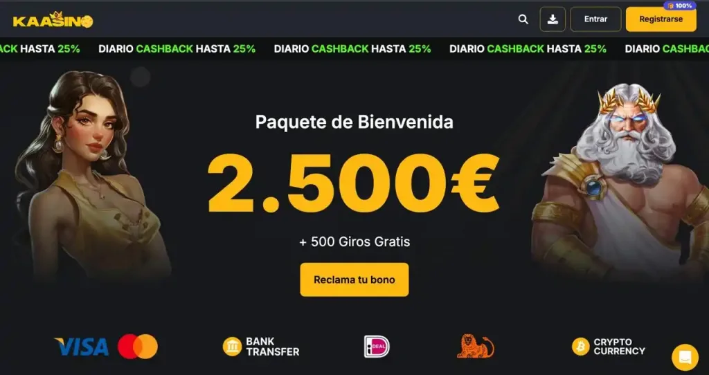 Página principal Kaasino – paquete de bienvenida 2 500 euros y 500 Giros Gratis con Zeus y diosa