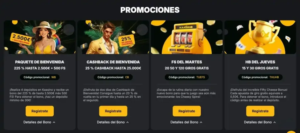 Sección promociones Kaasino – ofertas activas de bienvenida, cashback y Free Spins