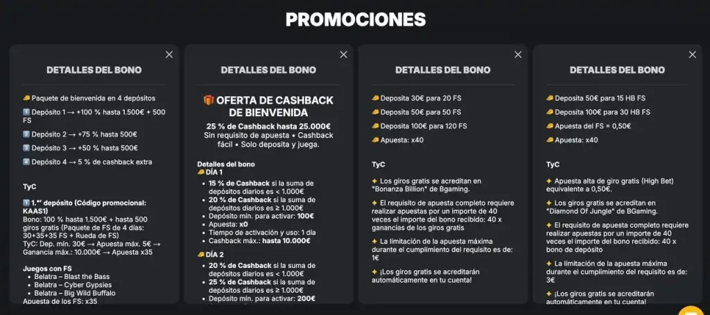 Sección promociones Kaasino – ofertas activas de bienvenida, cashback y Free Spins